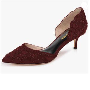 XYD Burgundy Pointed Toe D'Orsay Kitten Heel Rhinestone Studs Slip-On Satin Shoe